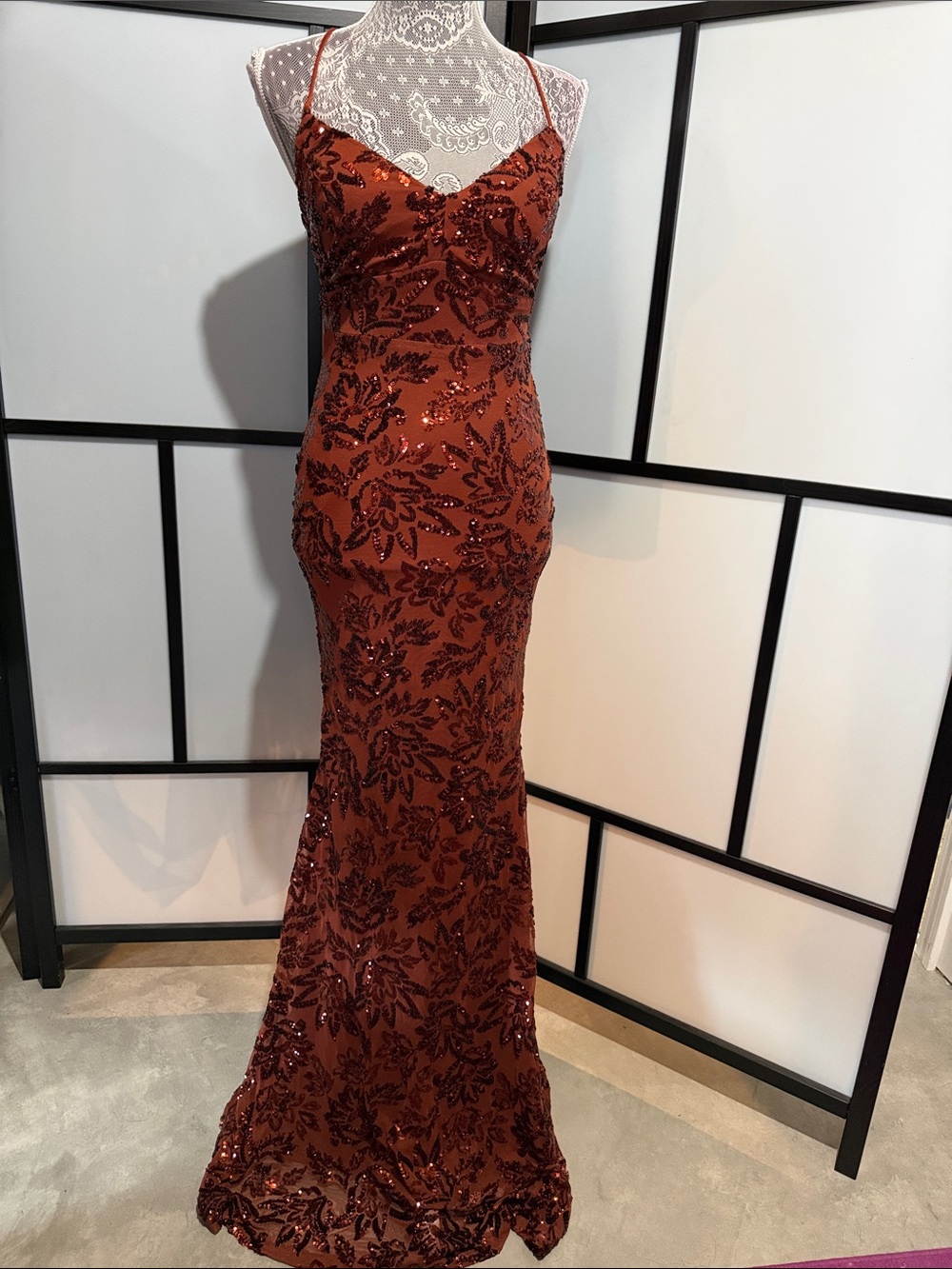 Windsor Rust Brown Sequin Floral Slip Gown